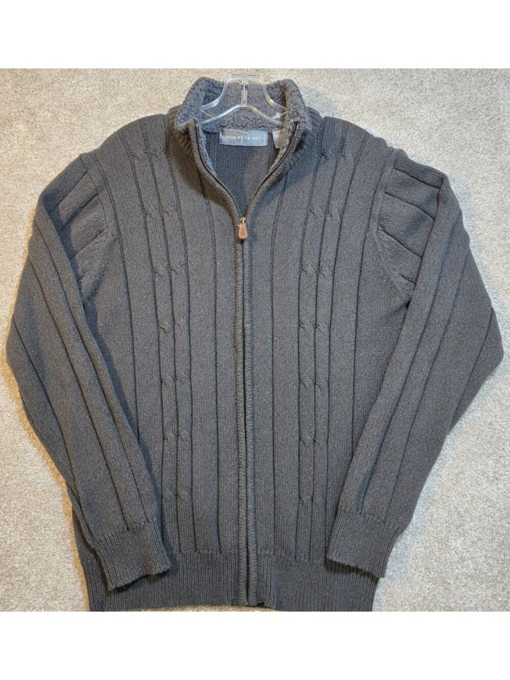 Oscar De La Renta Cable Knit Sweater Gray Full Zip High Faux Fur Collar Men's L